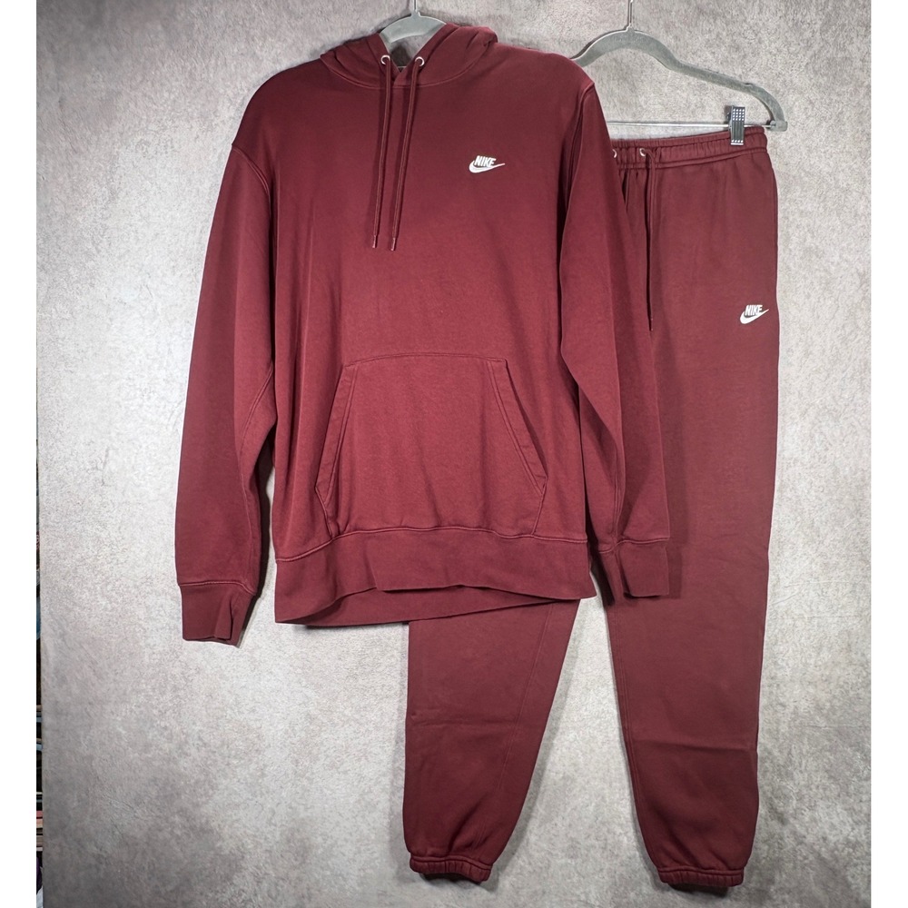Nike Tracksuit Mens Medium Burgundy Club Fleece Hoodie Jogger Set Gym Training